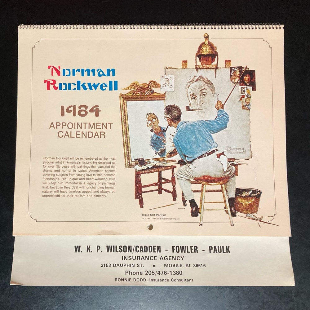 Norman Rockwell 1984 Wall Calendar Insurance Giveaway 12 Mo. Spiral Bound